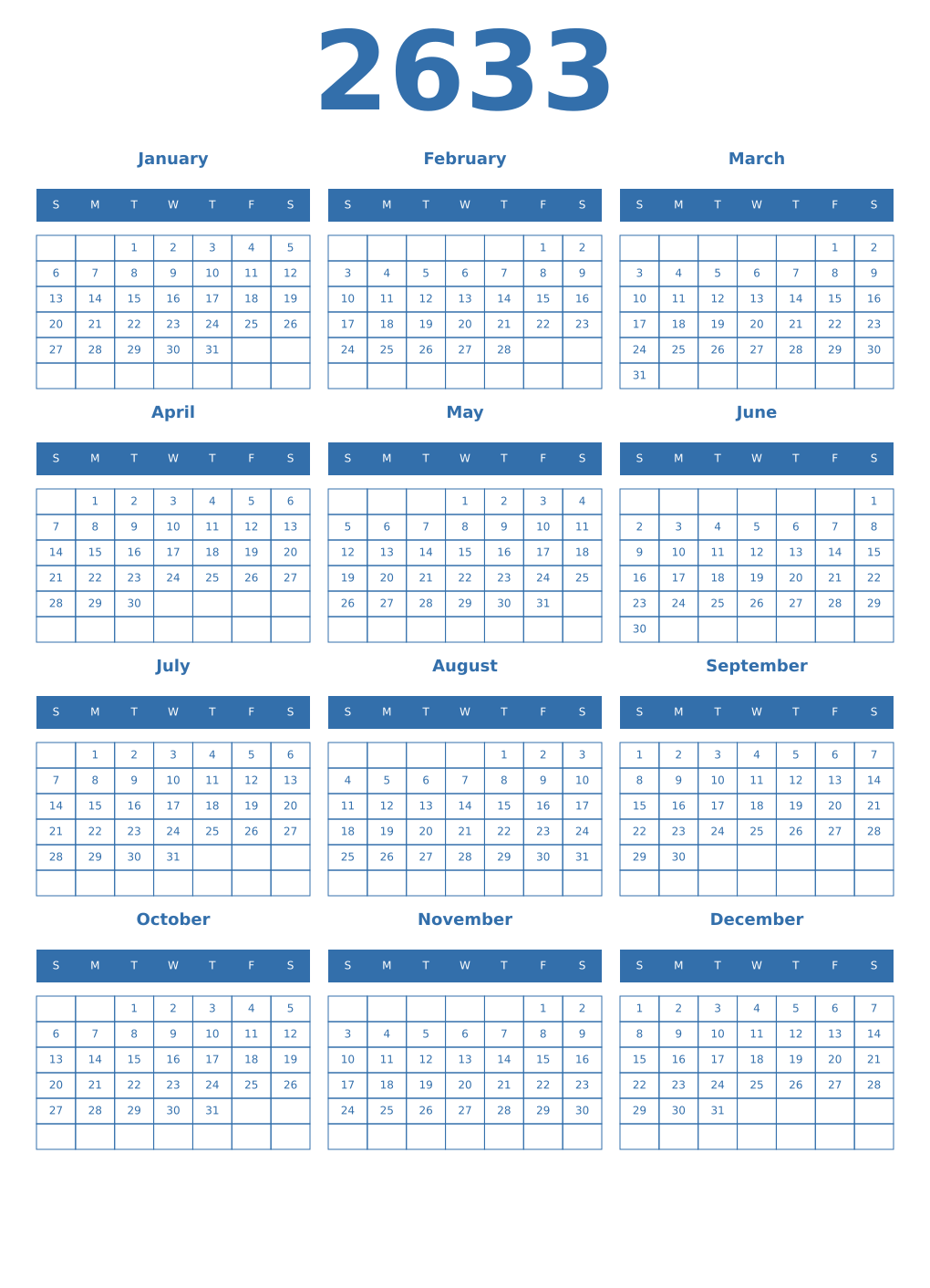 Printable 2633 Year Calendars blue
