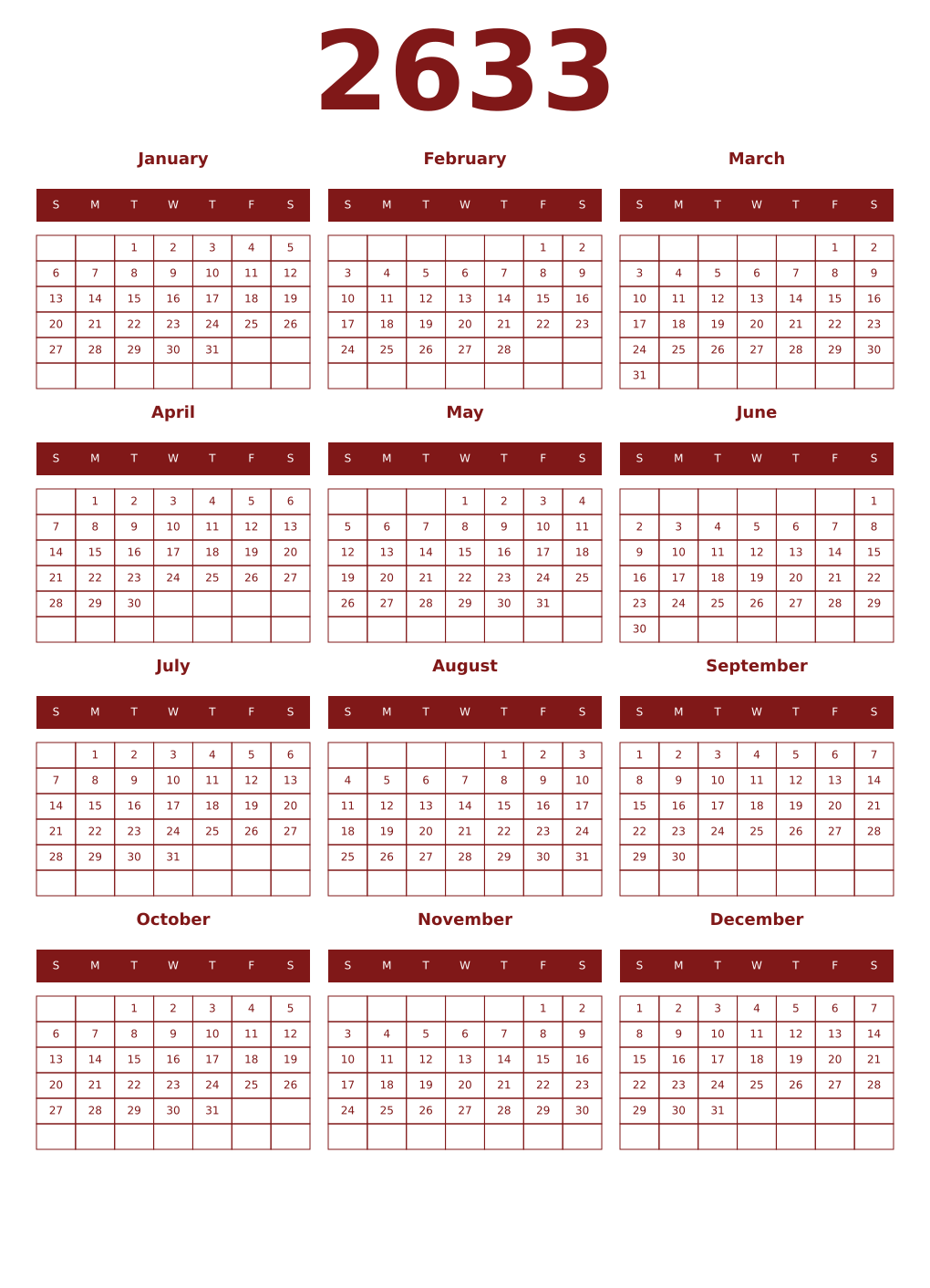 Printable 2633 Year Calendars falu
