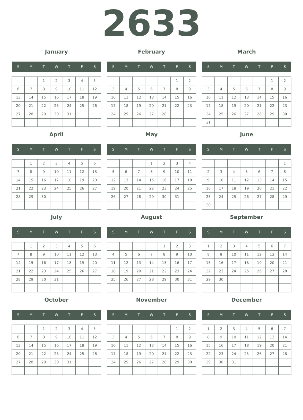 Printable 2633 Year Calendars feldgrau