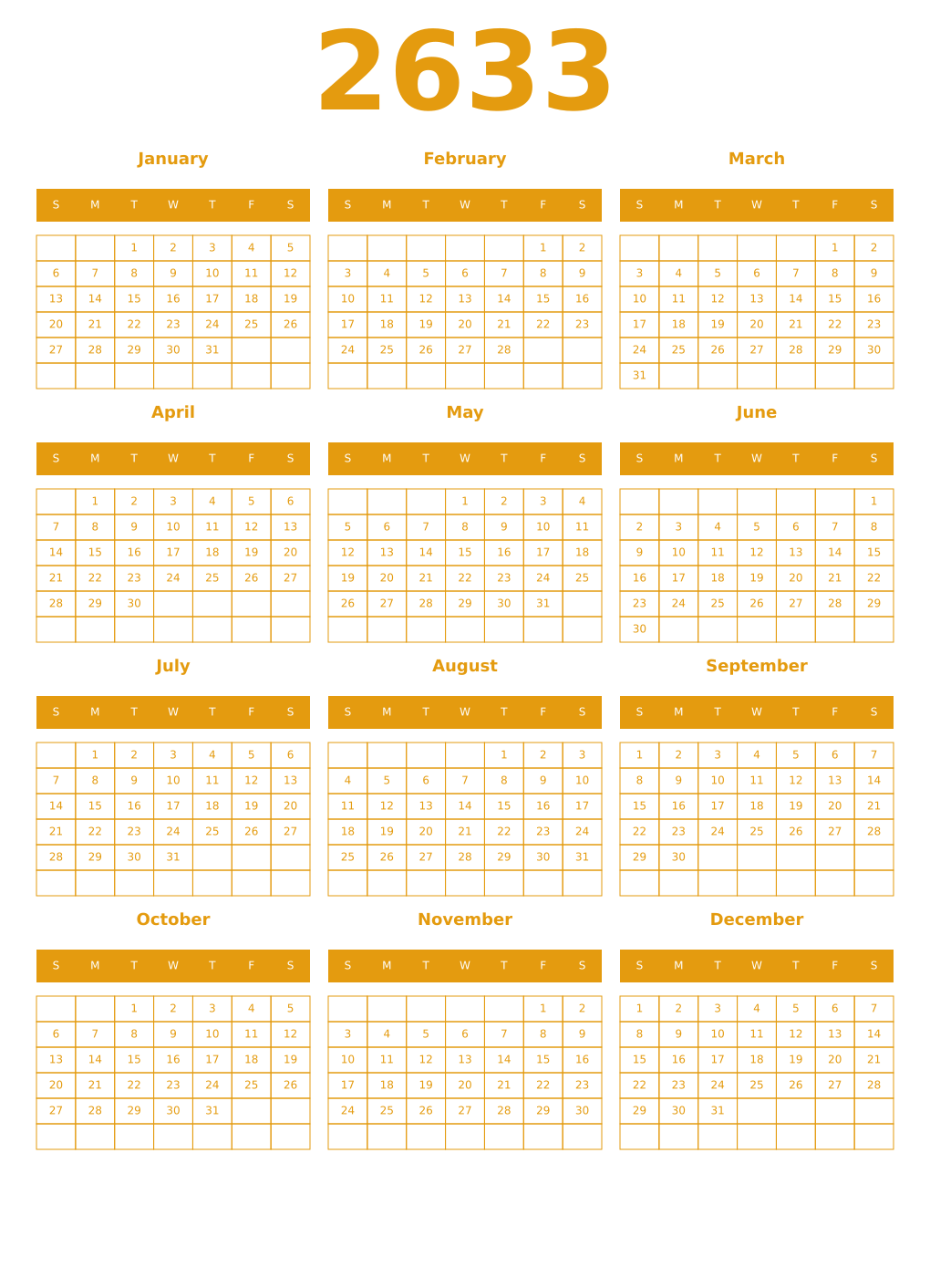 Printable 2633 Year Calendars gamboge