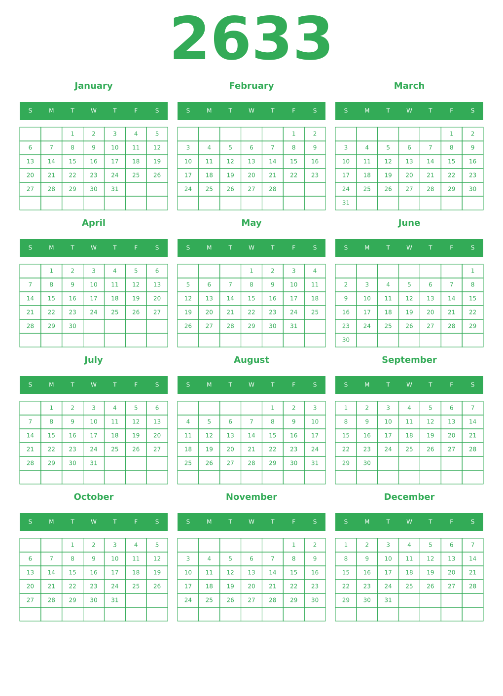 Printable 2633 Year Calendars green