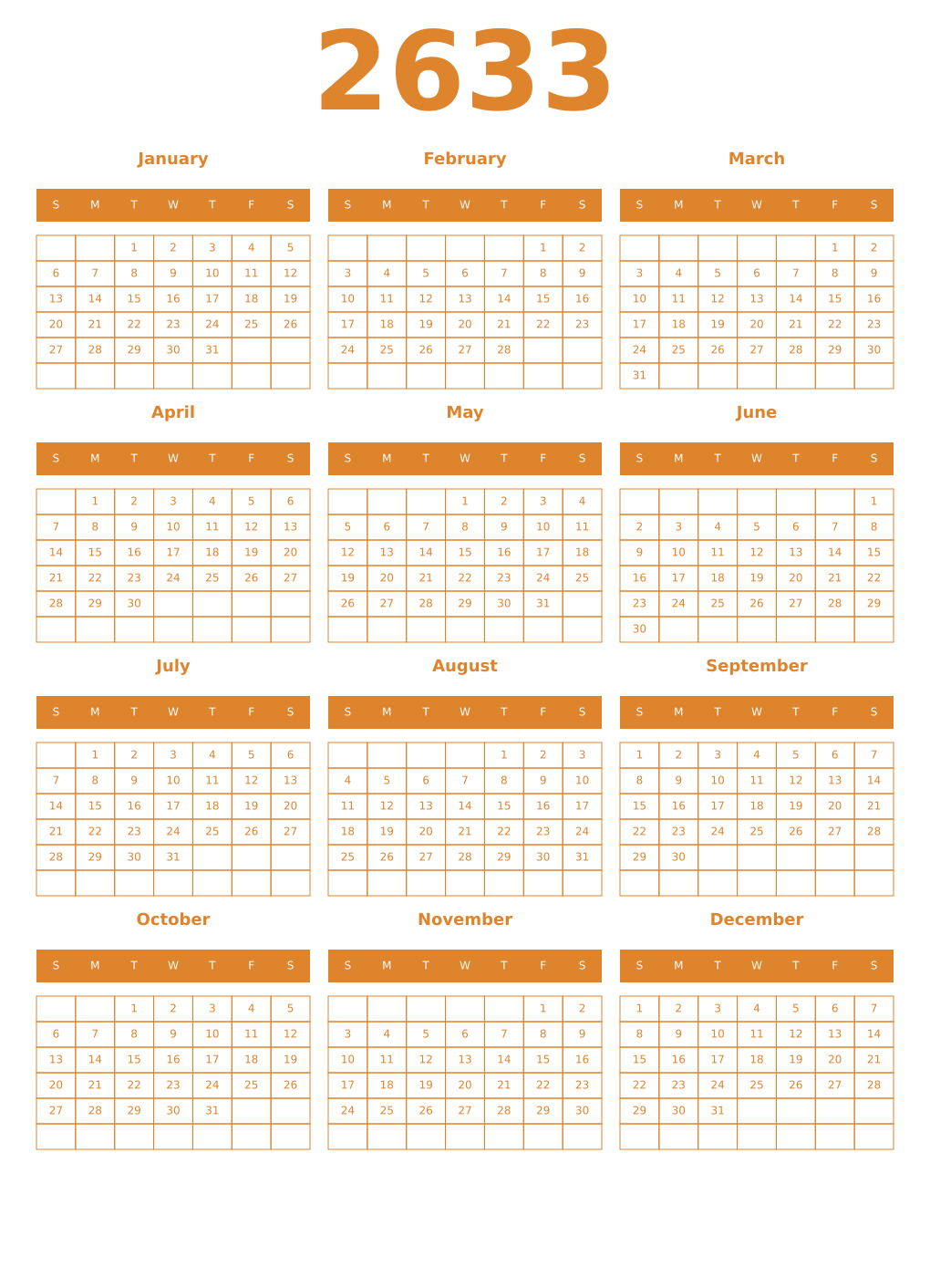 Printable 2633 Year Calendars orange