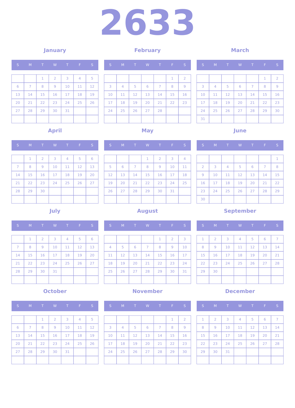 Printable 2633 Year Calendars periwinkle