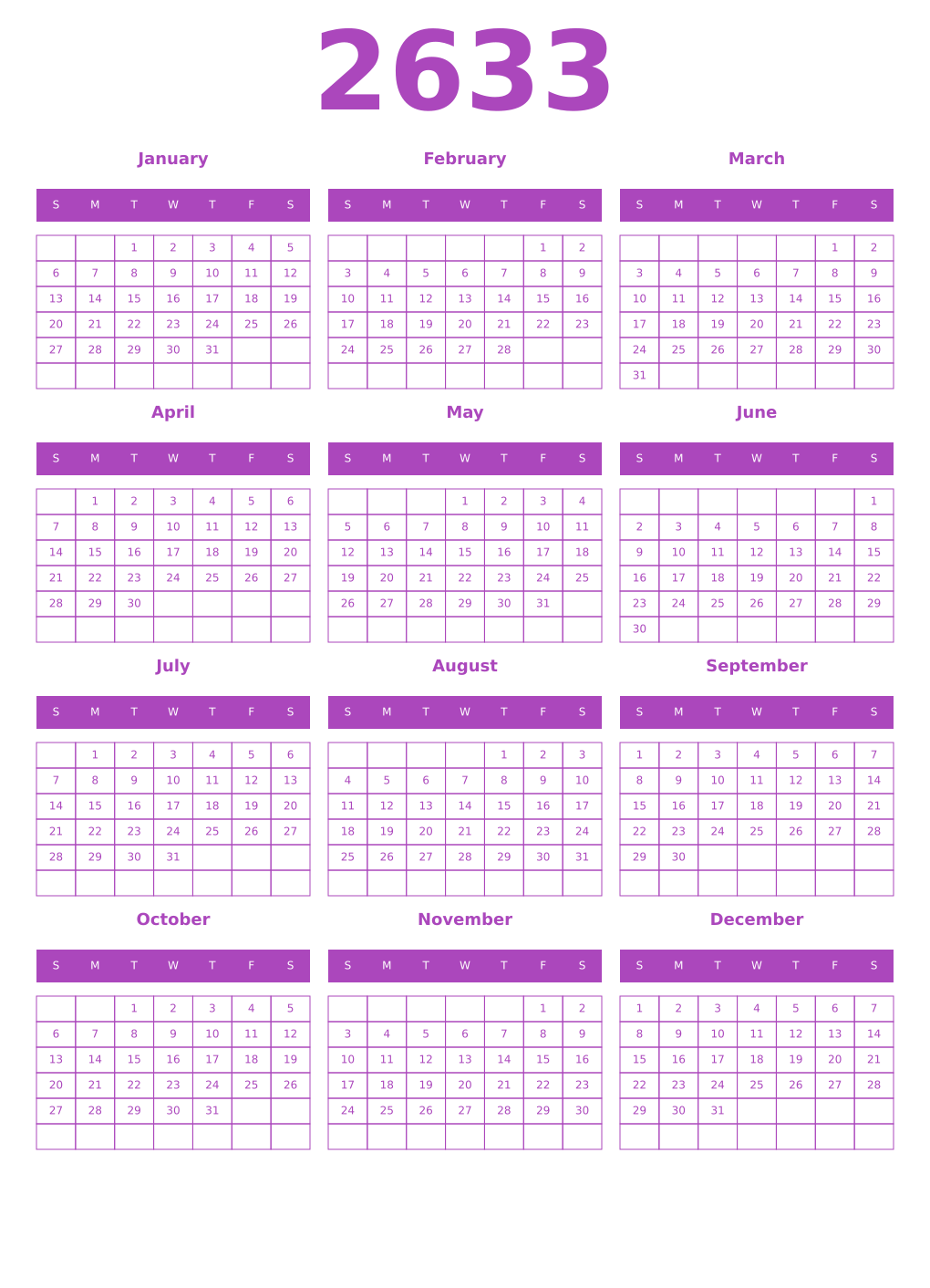 Printable 2633 Year Calendars purple