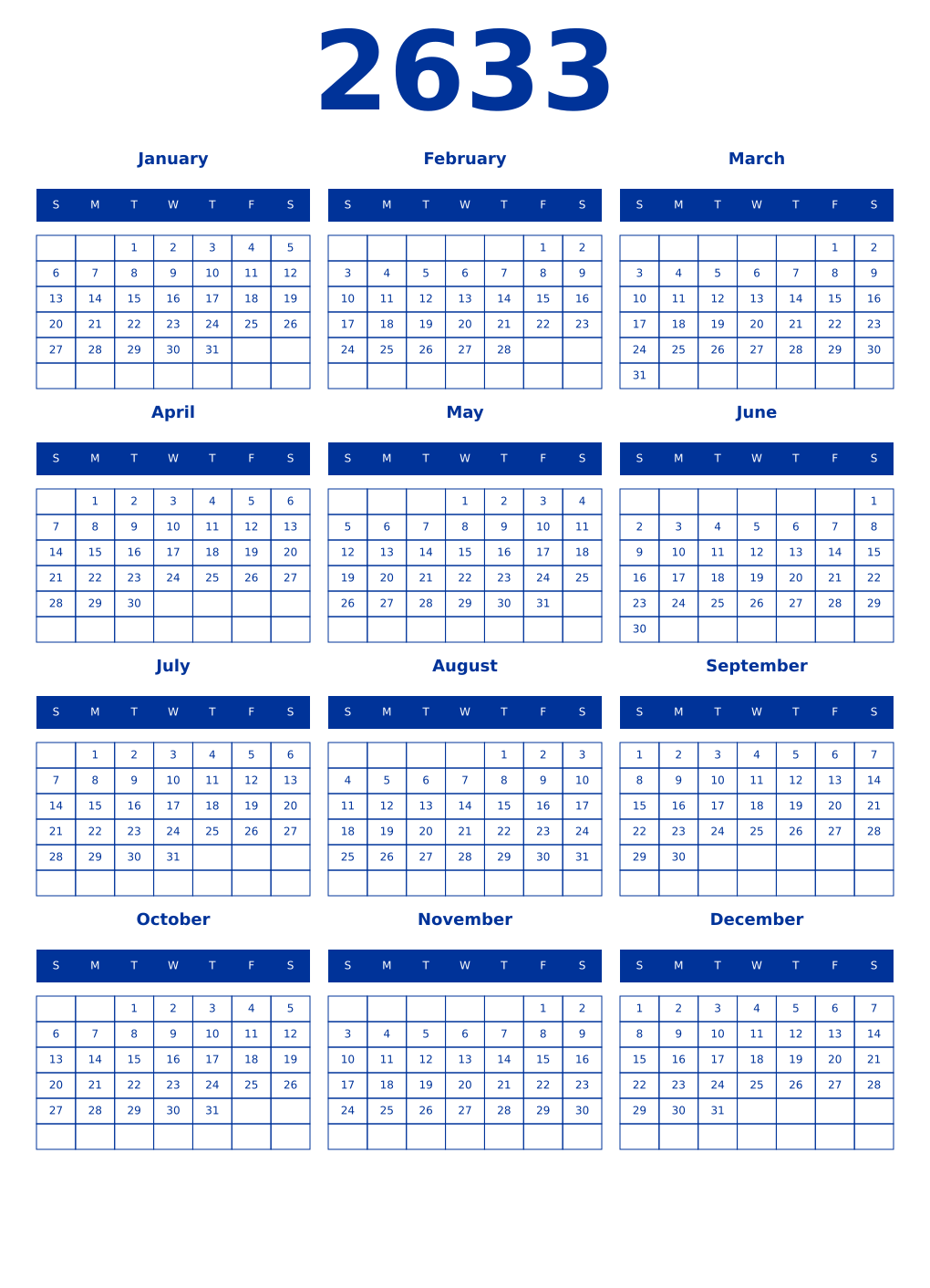 Printable 2633 Year Calendars smalt