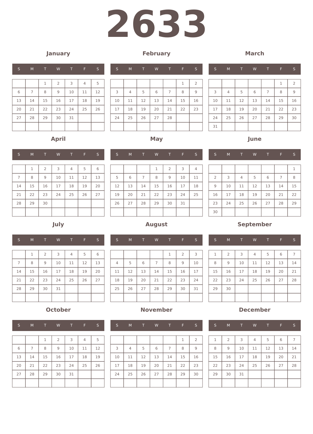 Printable 2633 Year Calendars wenge
