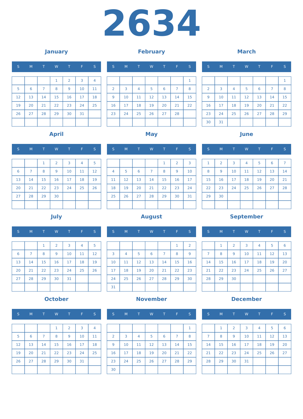 Printable 2634 Year Calendars blue