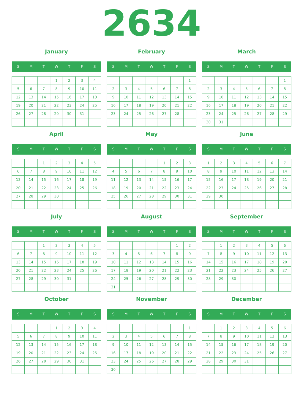 Printable 2634 Year Calendars green