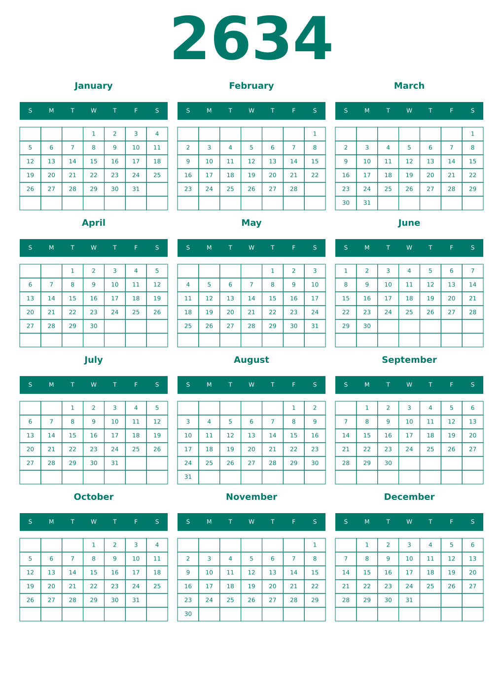 Printable 2634 Year Calendars pastel
