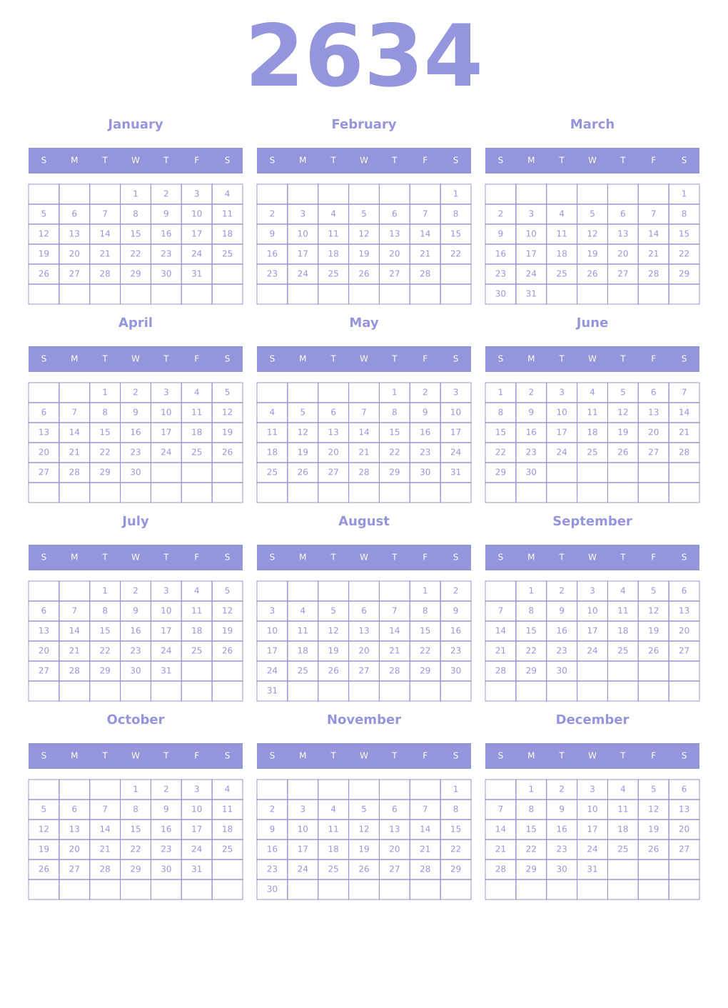 Printable 2634 Year Calendars periwinkle