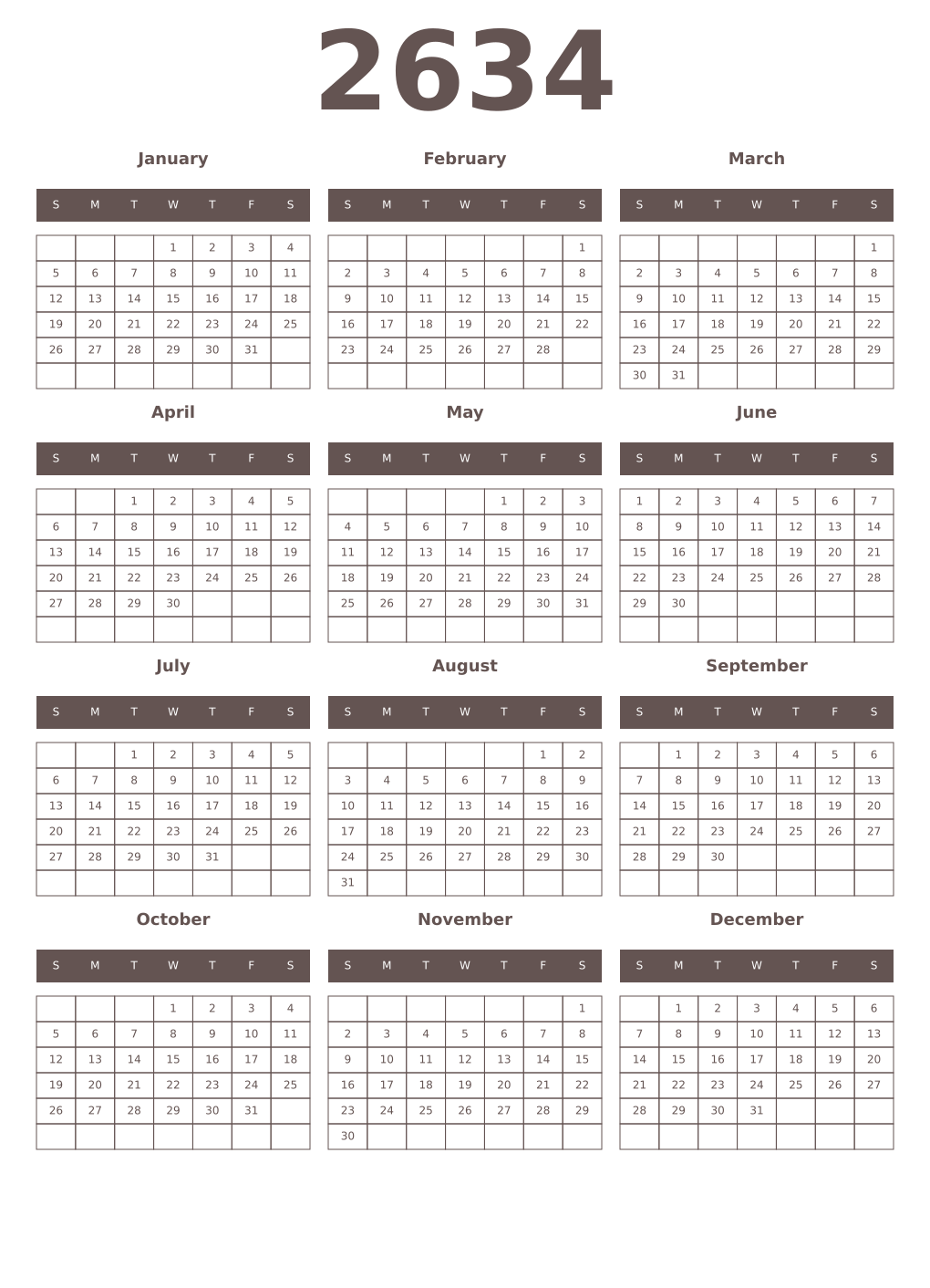 Printable 2634 Year Calendars wenge