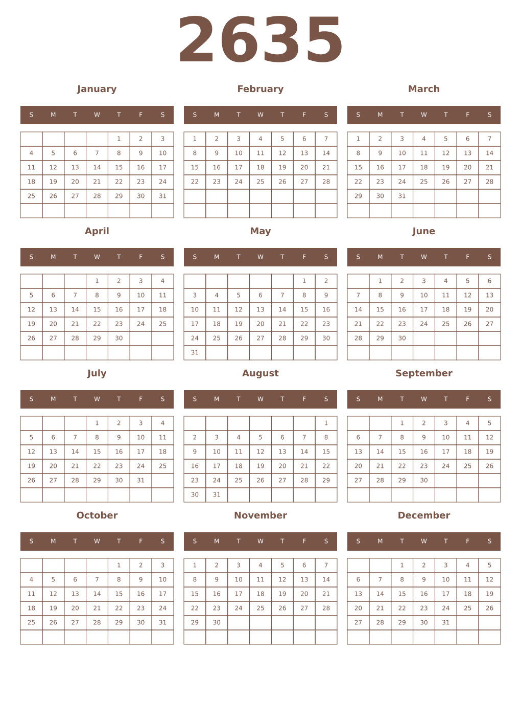 Printable 2635 Year Calendars coffe