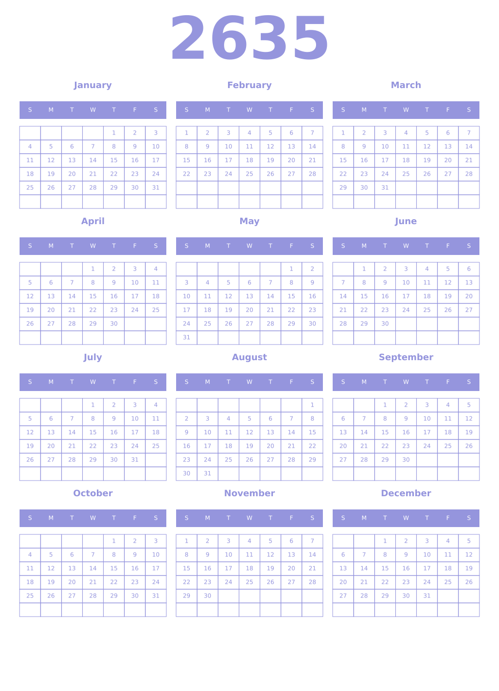 Printable 2635 Year Calendars periwinkle