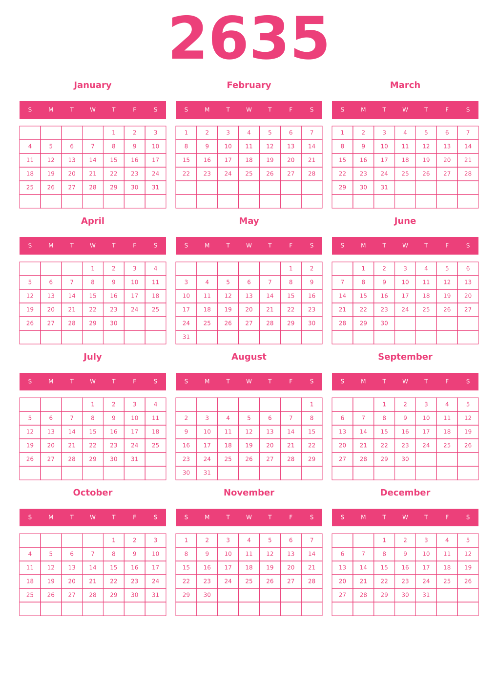 Printable 2635 Year Calendars pink