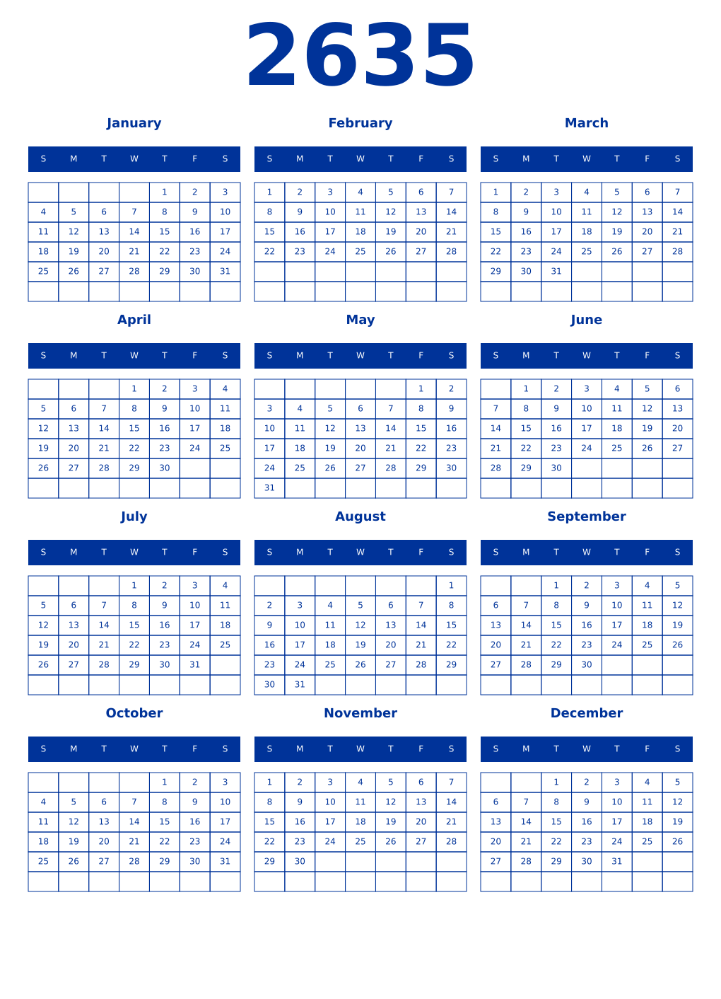 Printable 2635 Year Calendars smalt