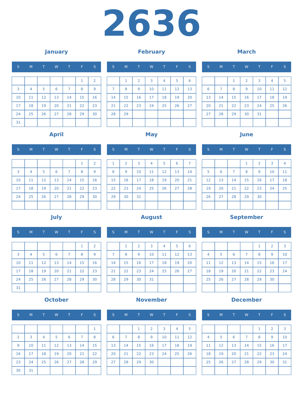 Printable 2636 Year Calendars blue