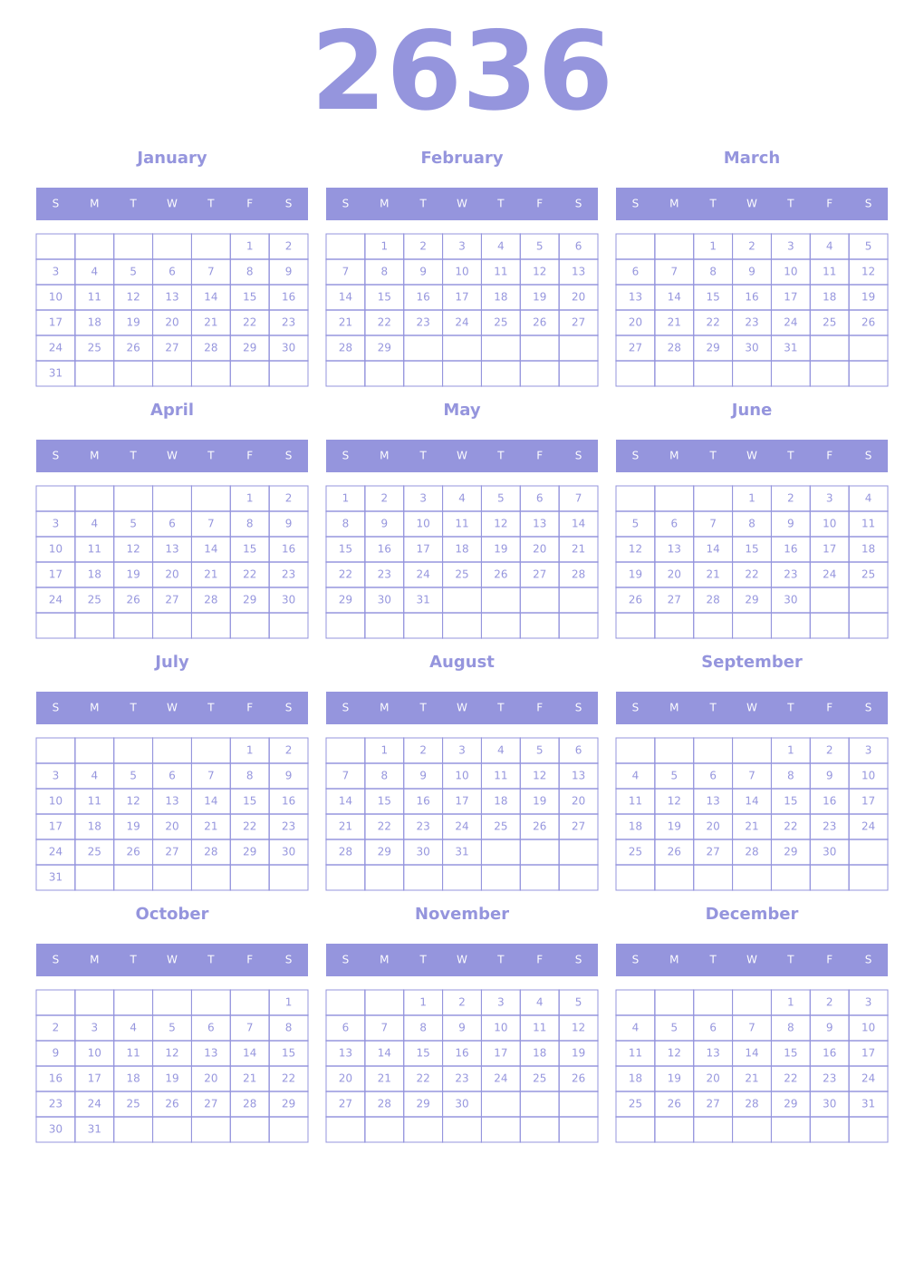 Printable 2636 Year Calendars periwinkle