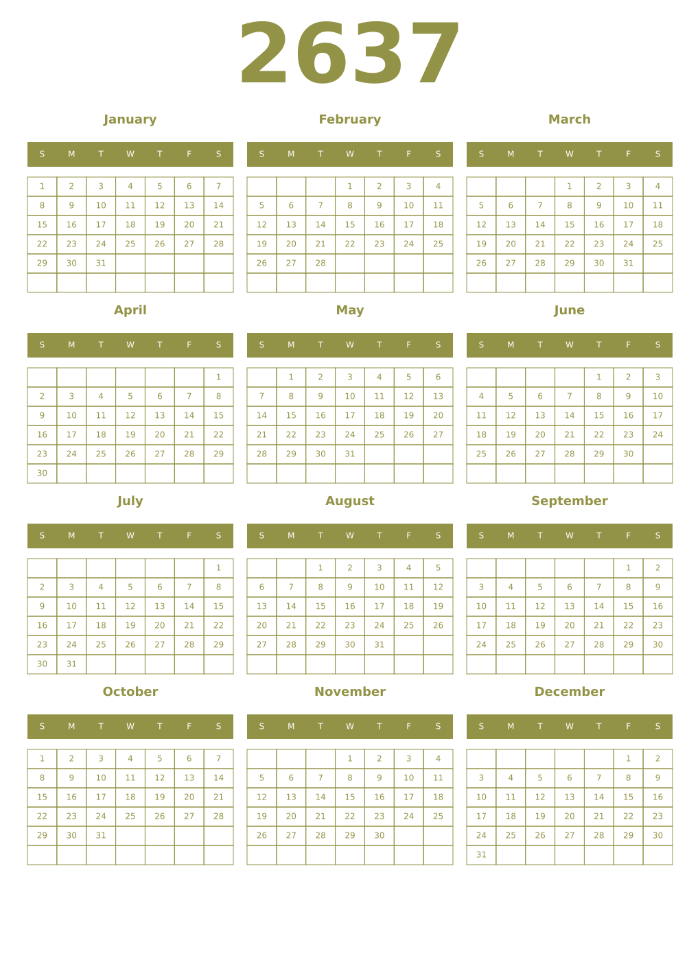 Printable 2637 Year Calendars eburnean