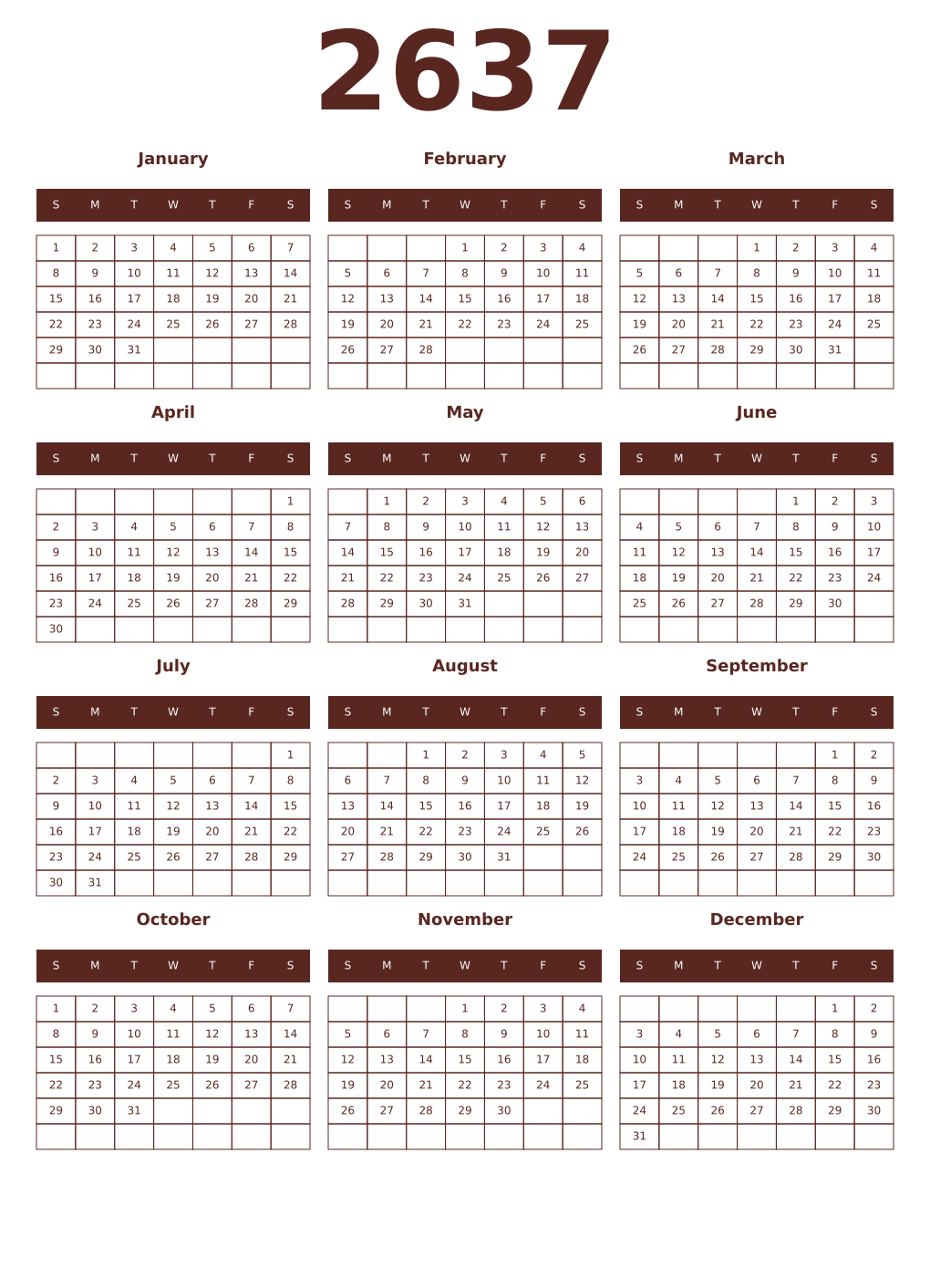 Printable 2637 Year Calendars mortuum