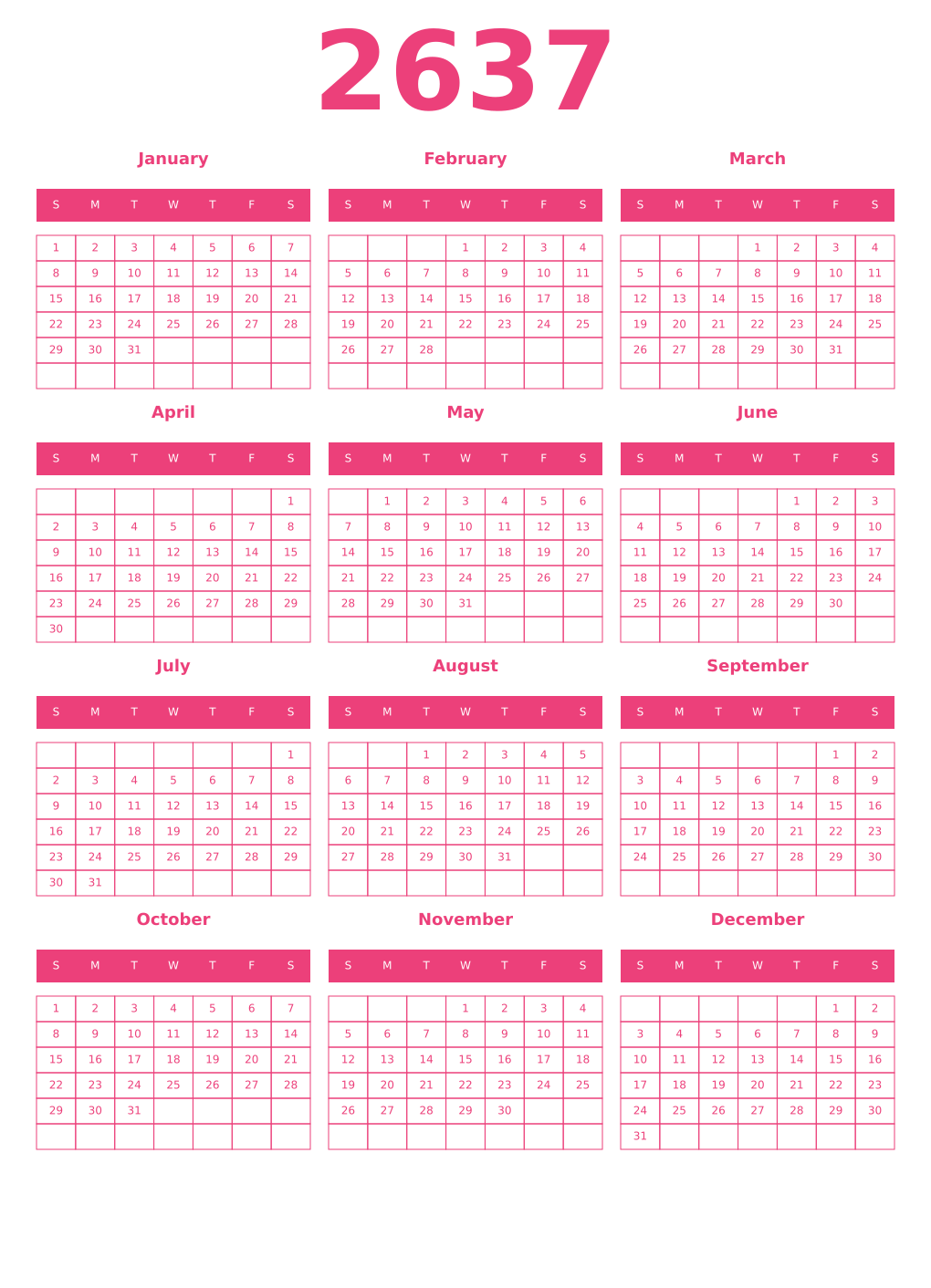 Printable 2637 Year Calendars pink
