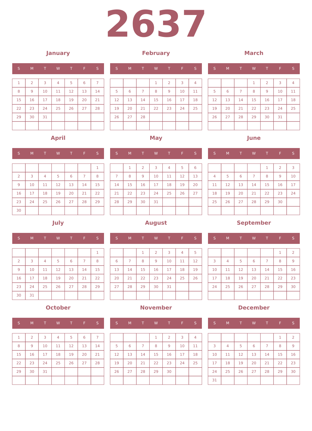 Printable 2637 Year Calendars puce