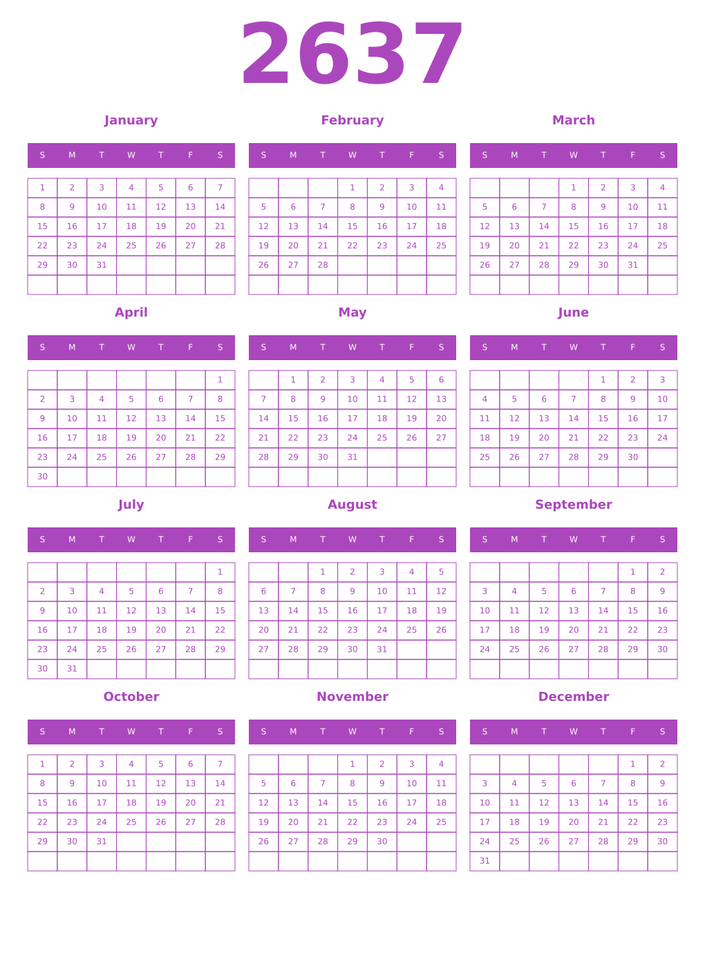 Printable 2637 Year Calendars purple