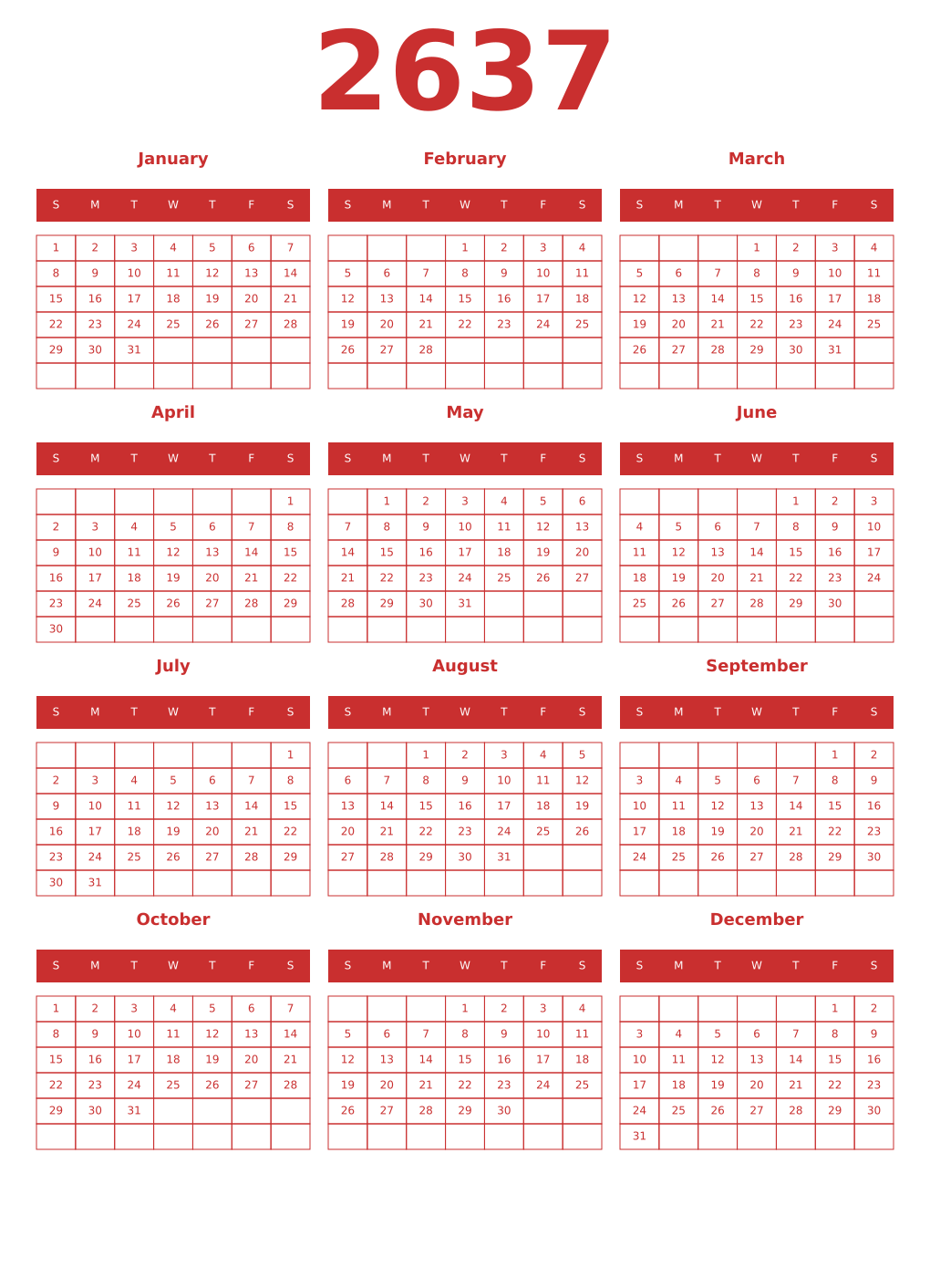 Printable 2637 Year Calendars red