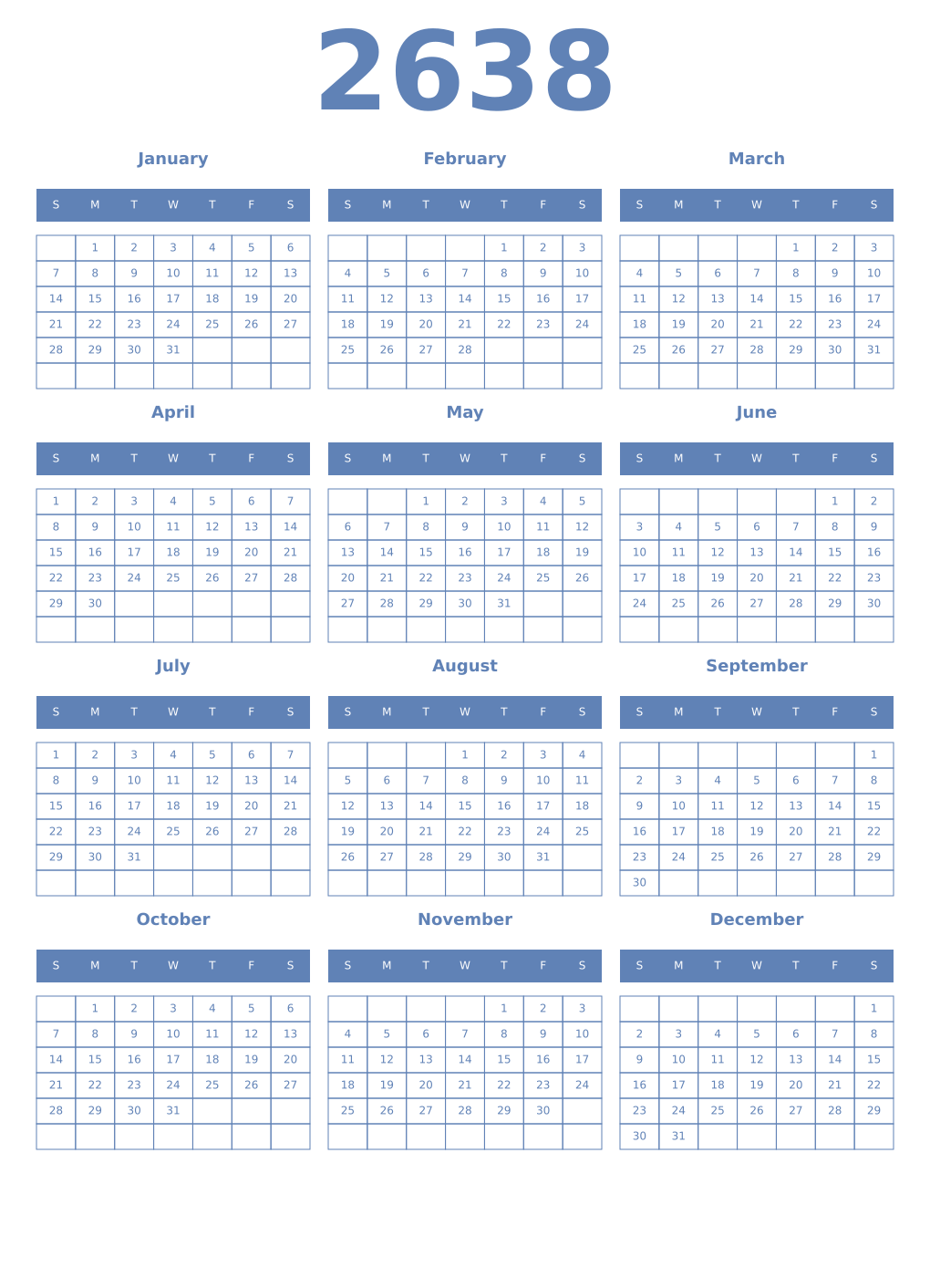 Printable 2638 Year Calendars glaucous