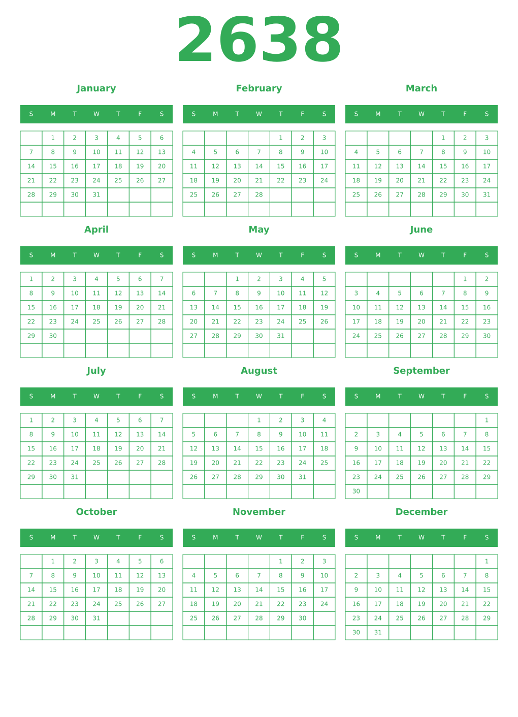Printable 2638 Year Calendars green