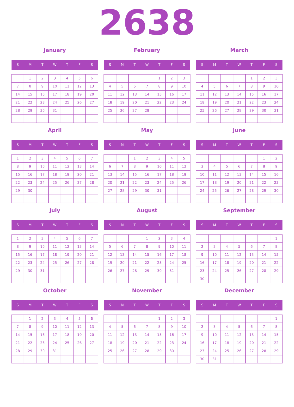 Printable 2638 Year Calendars purple