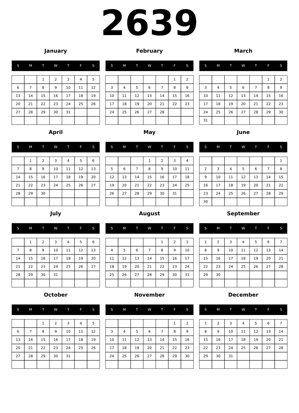 Printable 2639 Year Calendars black