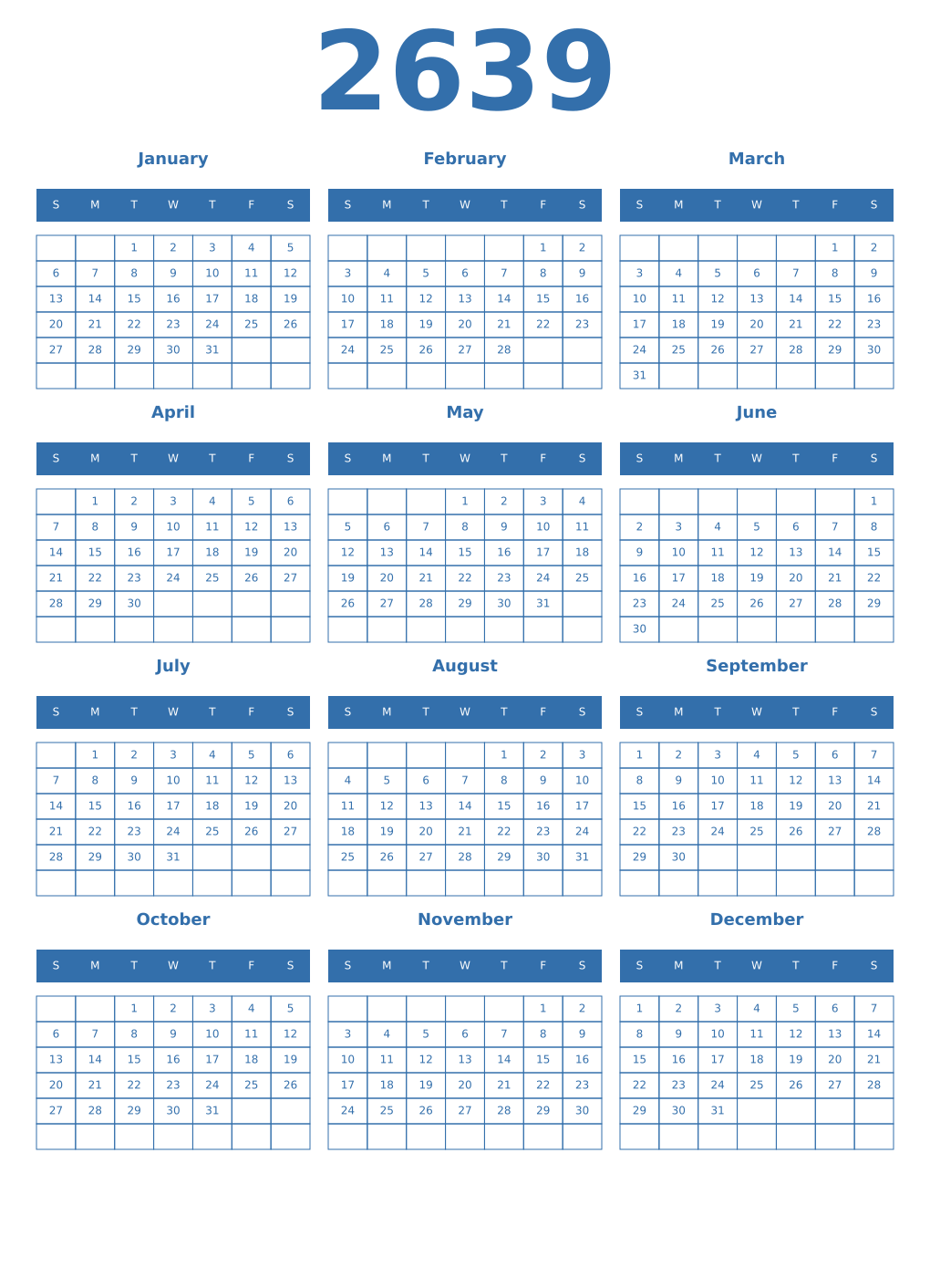Printable 2639 Year Calendars blue