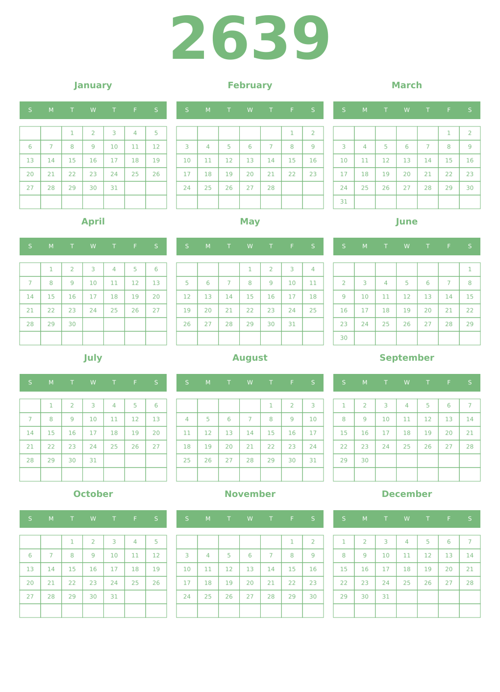 Printable 2639 Year Calendars celadon