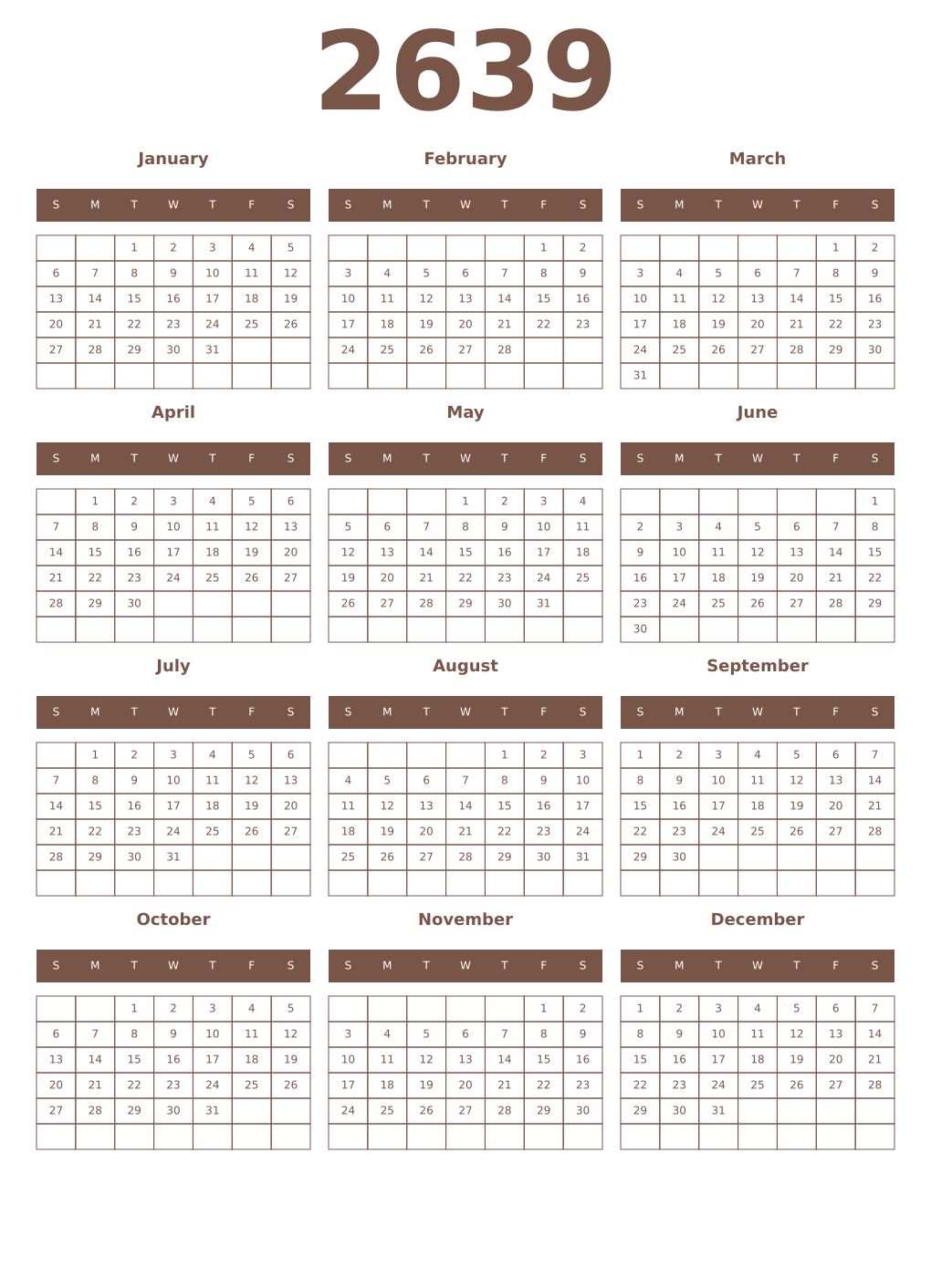 Printable 2639 Year Calendars coffe