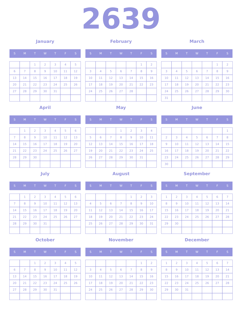 Printable 2639 Year Calendars periwinkle
