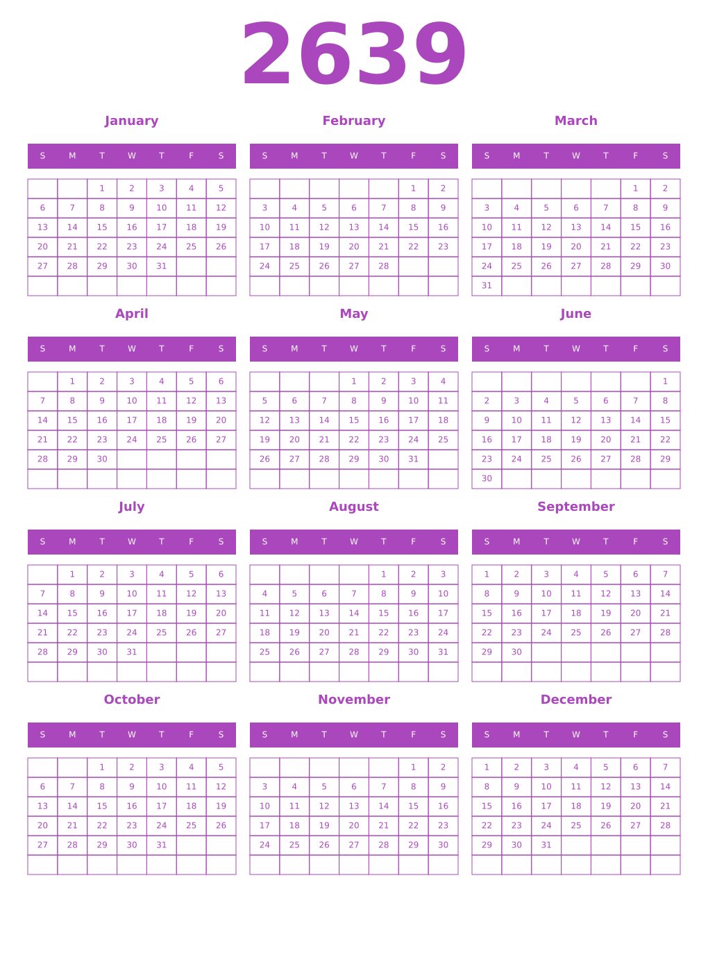 Printable 2639 Year Calendars purple