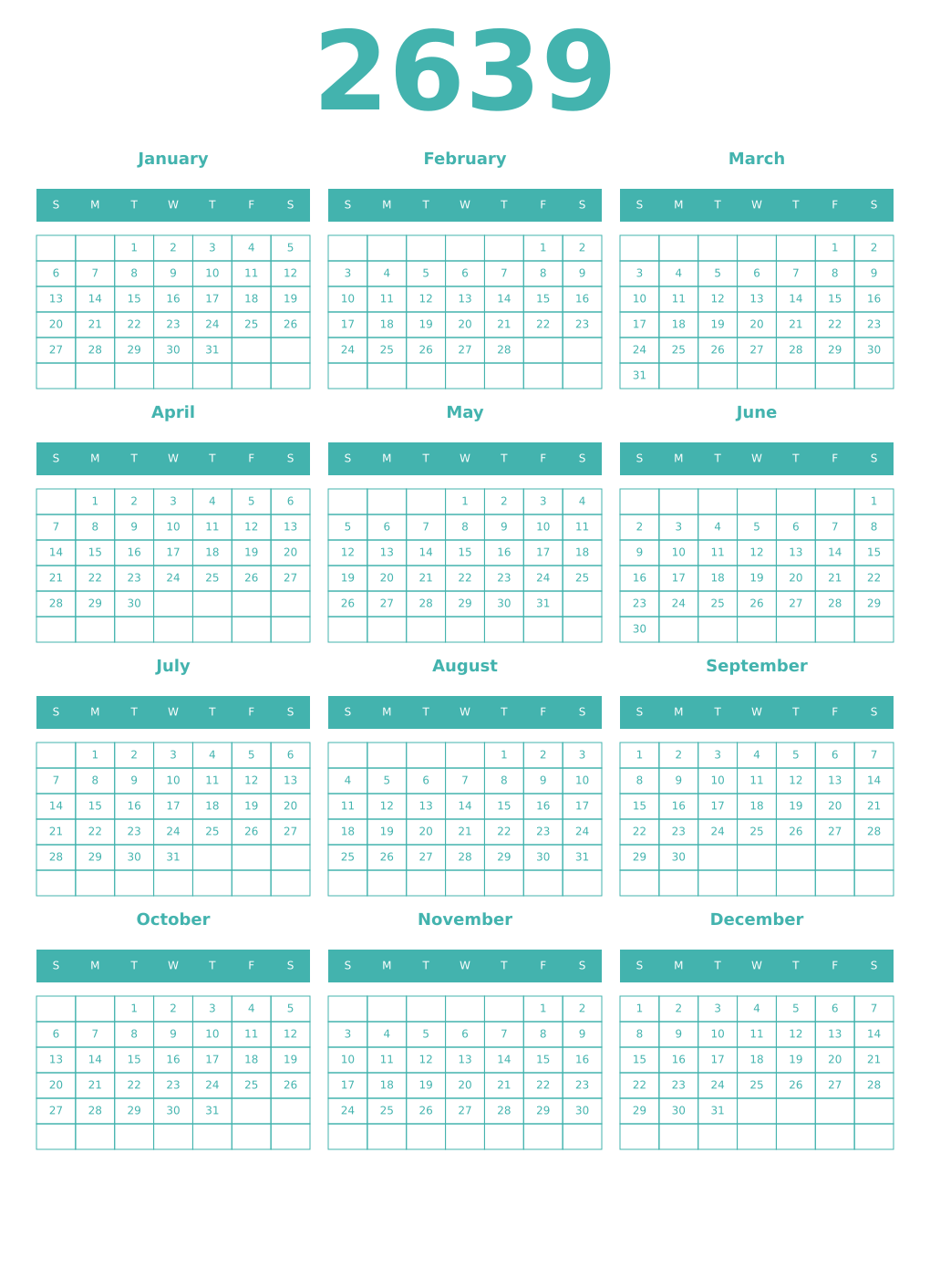 Printable 2639 Year Calendars verdigris