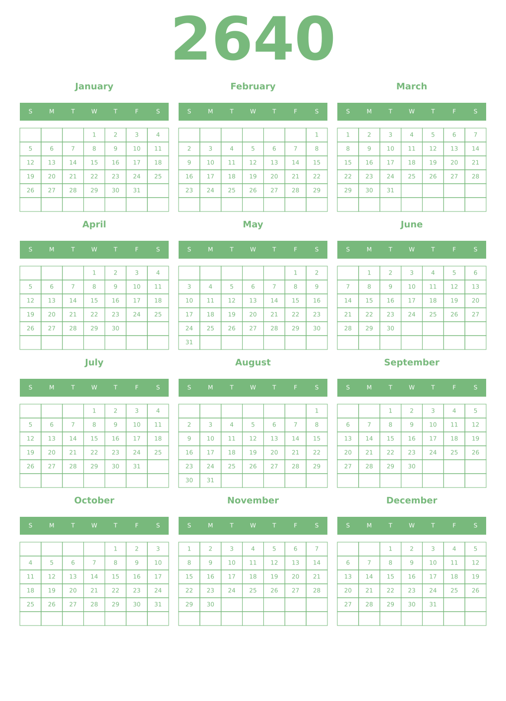 Printable 2640 Year Calendars celadon