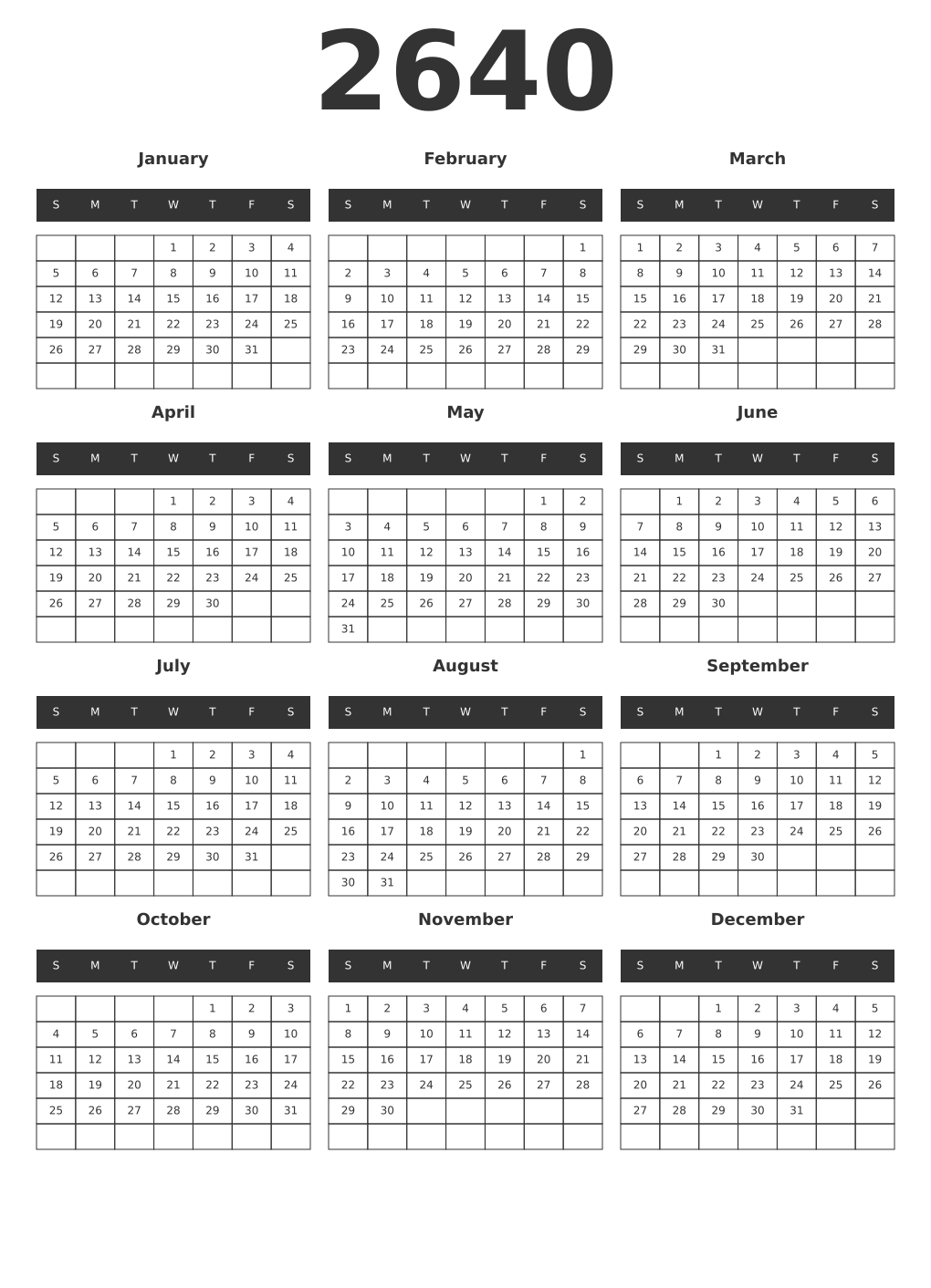 Printable 2640 Year Calendars dark