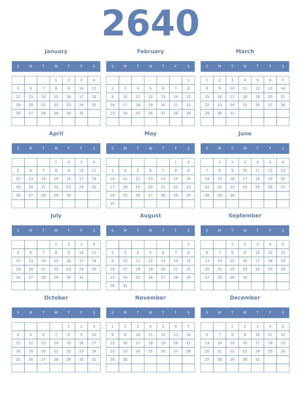 Printable 2640 Year Calendars glaucous