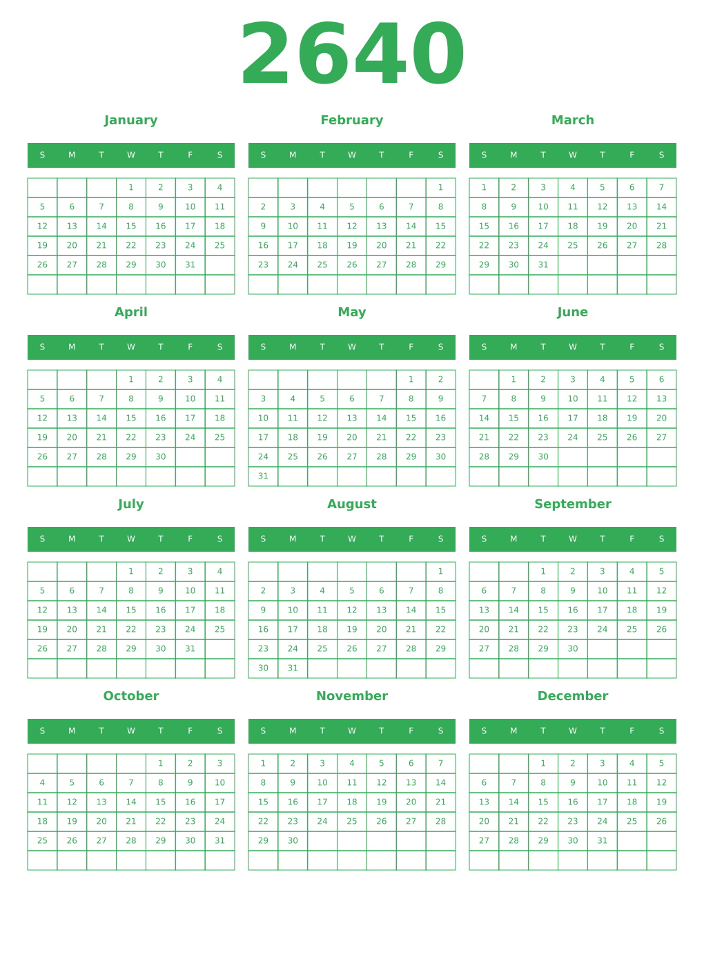 Printable 2640 Year Calendars green