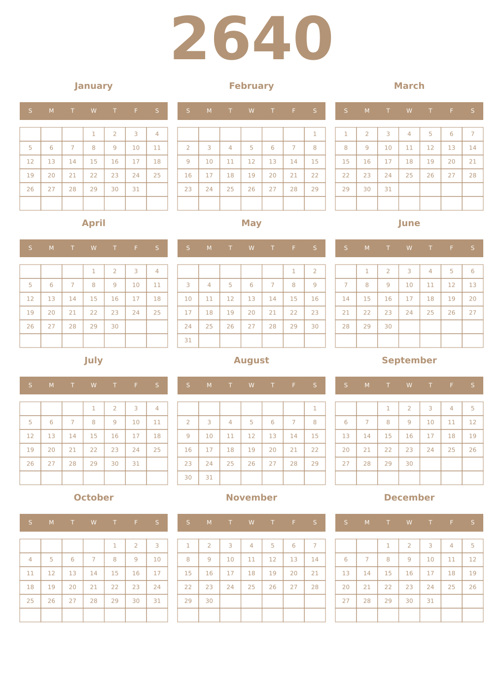 Printable 2640 Year Calendars isabelline