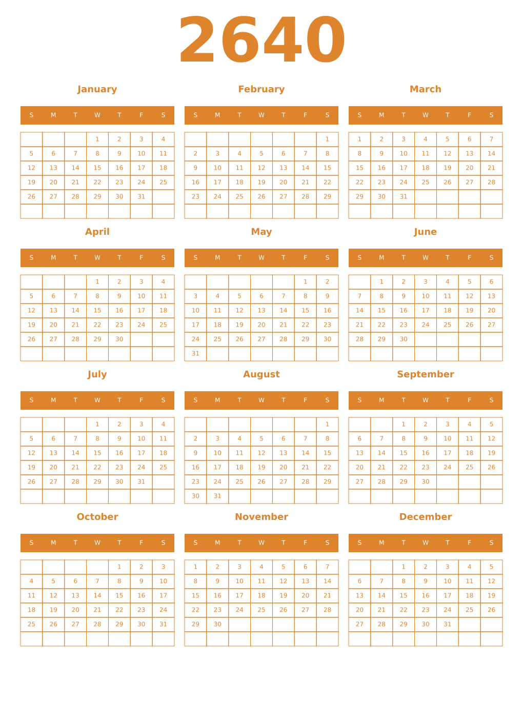 Printable 2640 Year Calendars orange