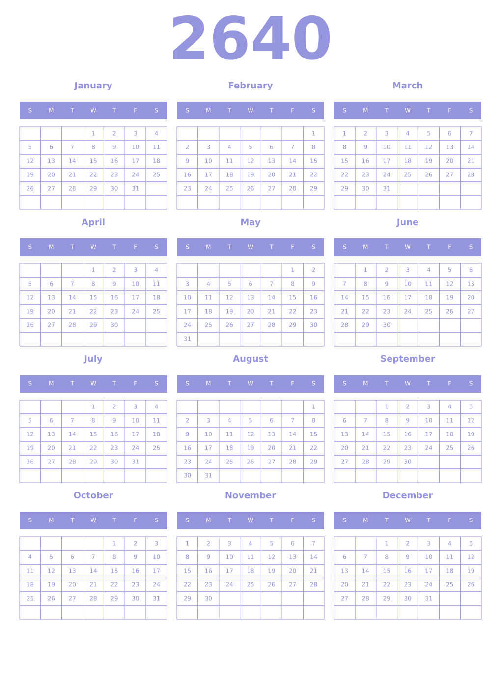 Printable 2640 Year Calendars periwinkle