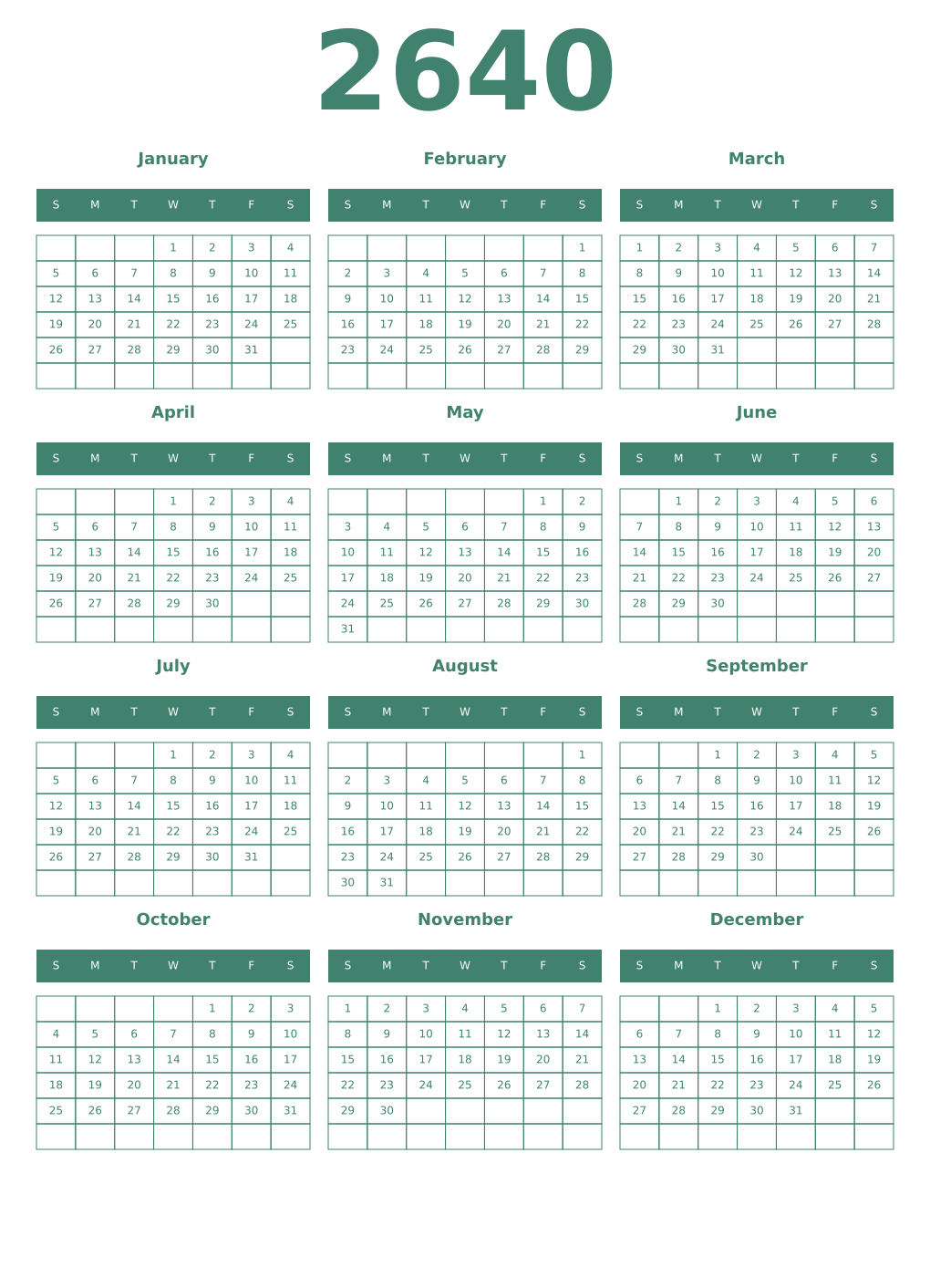 Printable 2640 Year Calendars viridian
