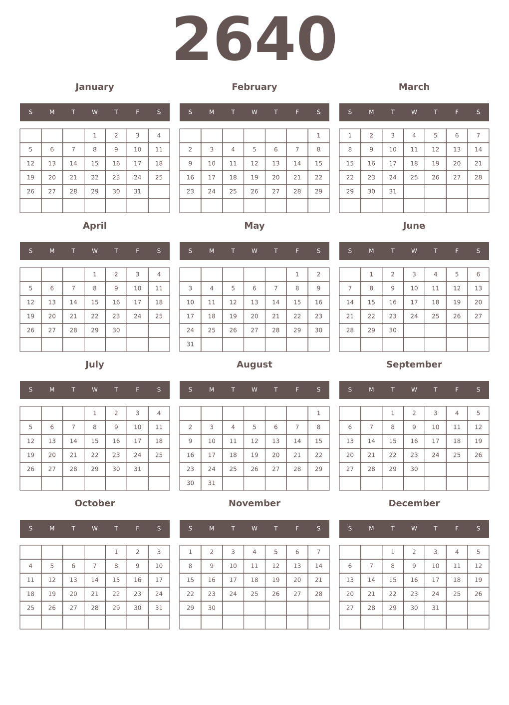 Printable 2640 Year Calendars wenge