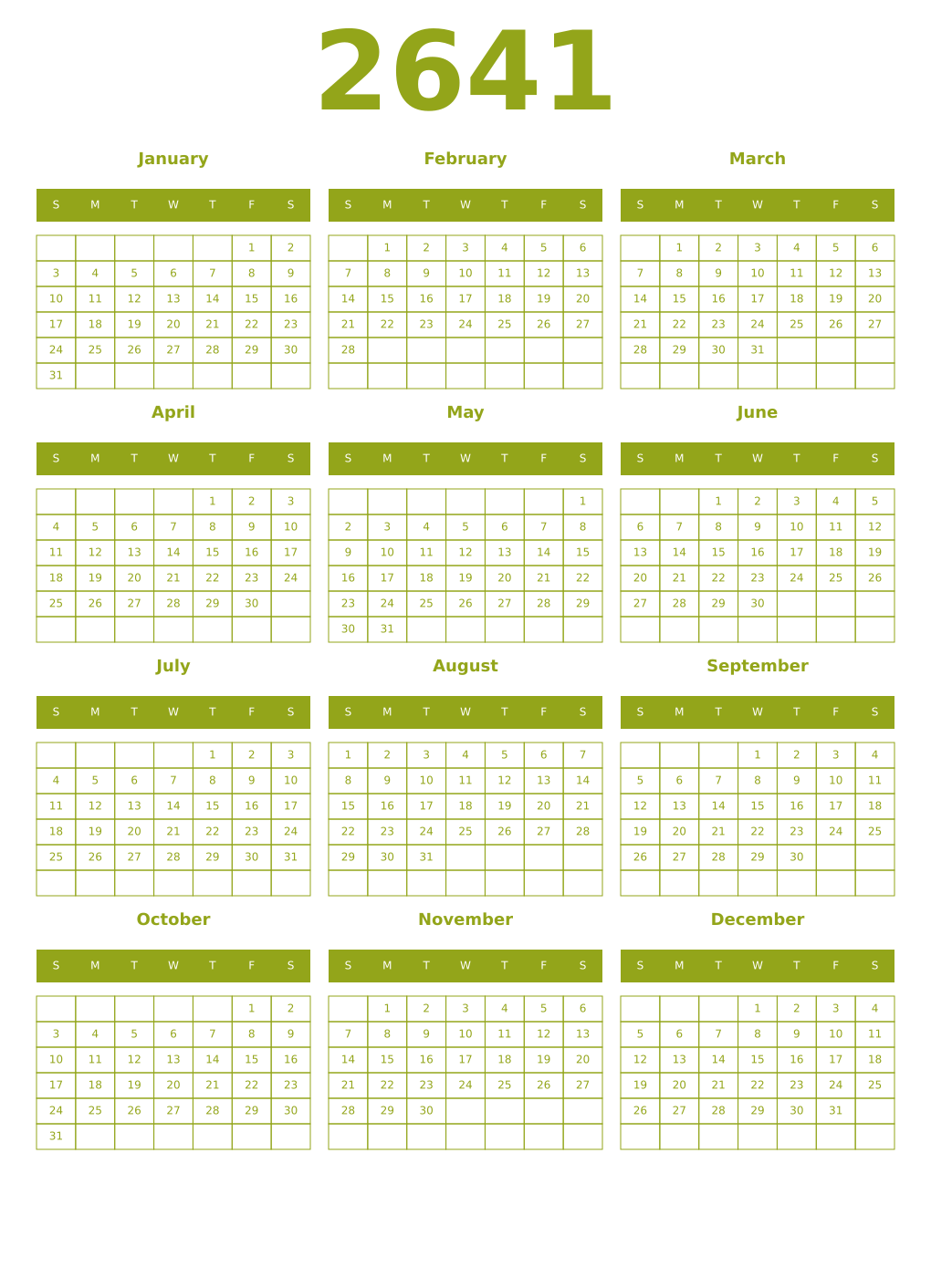 Printable 2641 Year Calendars chartreuse