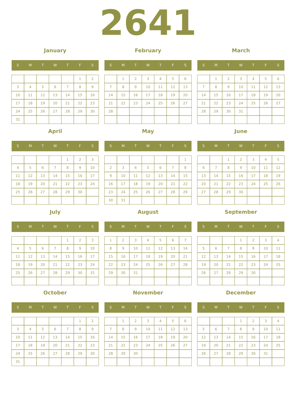 Printable 2641 Year Calendars eburnean