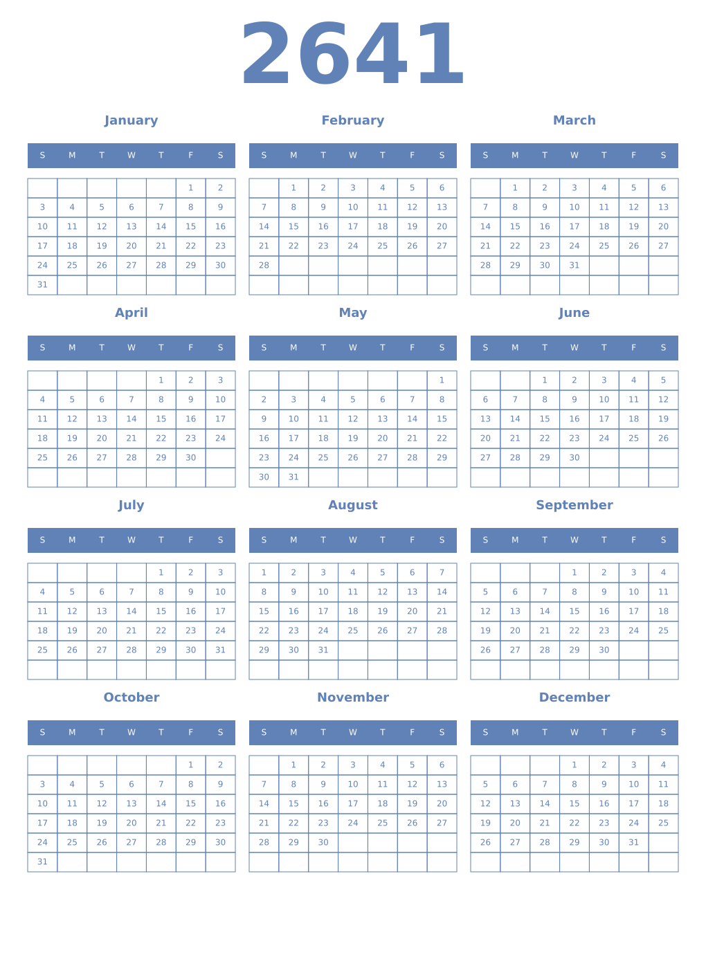 Printable 2641 Year Calendars glaucous