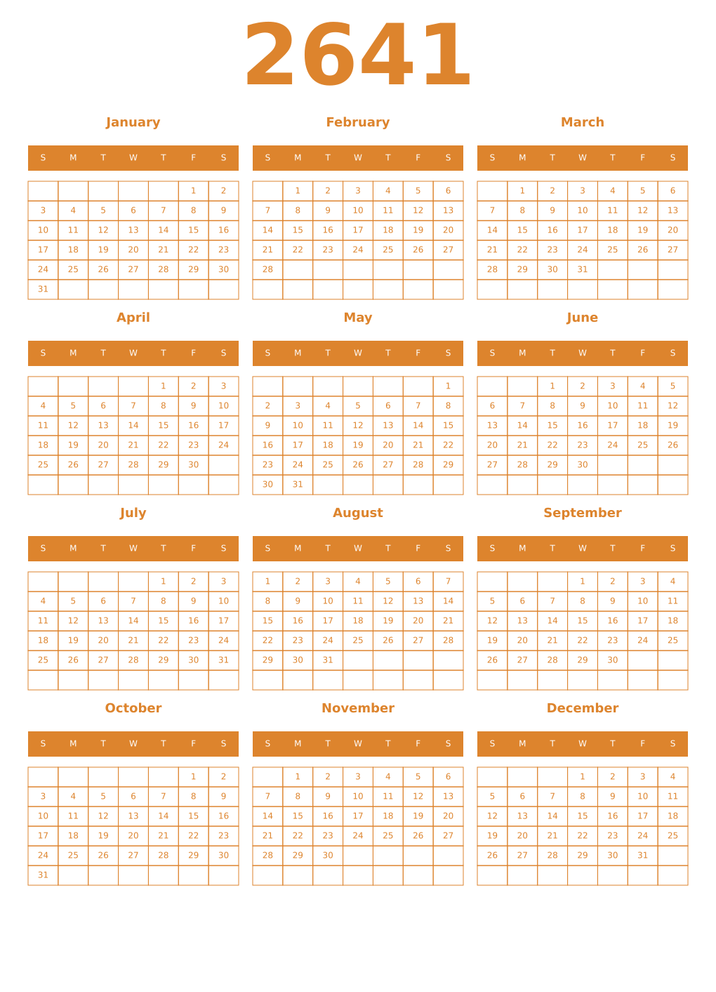 Printable 2641 Year Calendars orange
